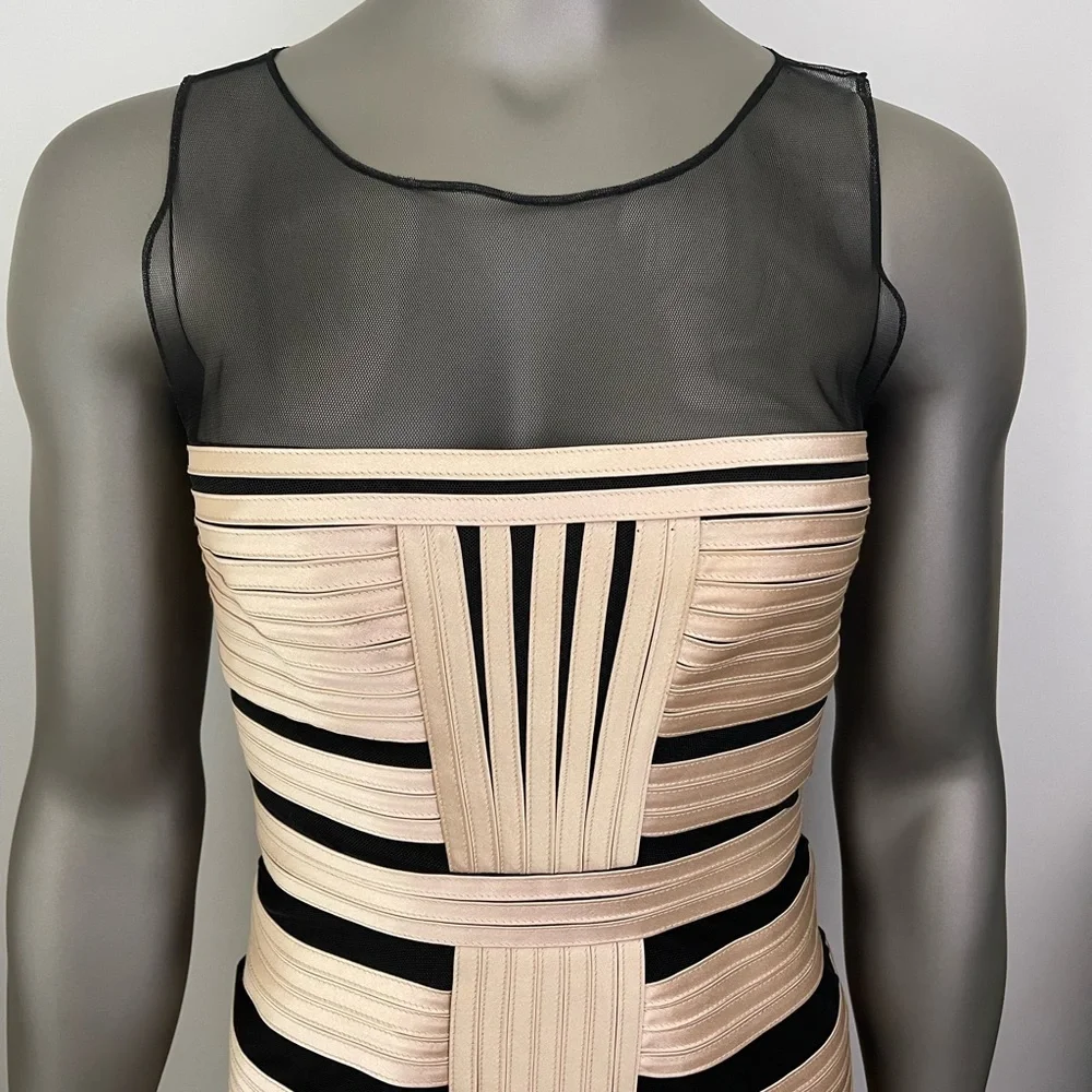 BCBGMaxazria Dress Womens 6 Champagne Satin Mesh Sleeveless Short Party Sexy - Picture 4 of 9
